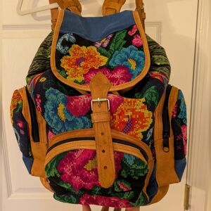 Embroidered Backpack With Tan Leather Lining And Straps